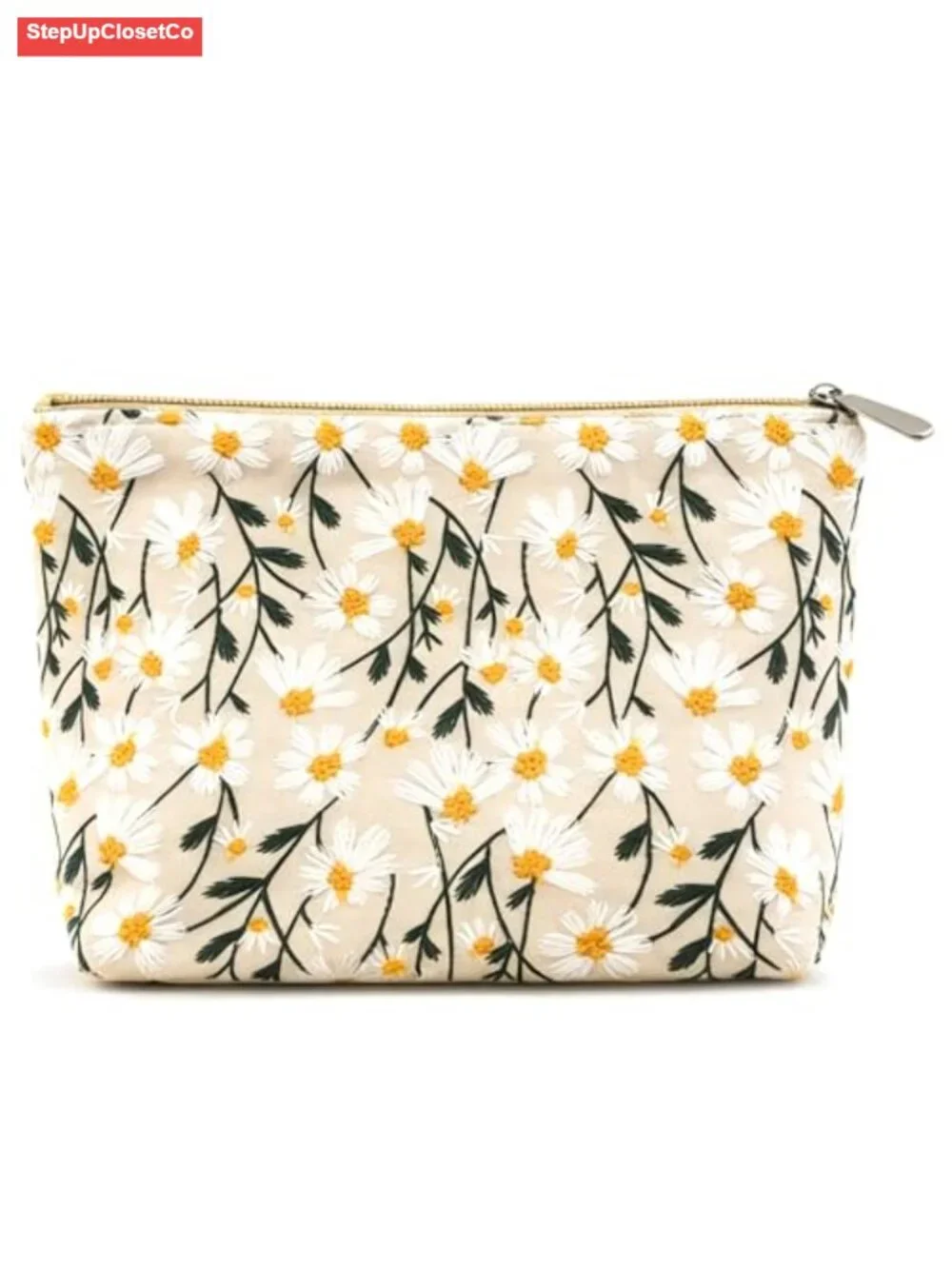 Embroidered Daisy Canvas Makeup Pouch Cosmetic Bag Zipper Travel Organizer